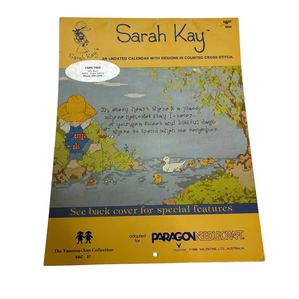 Sarah Kay Unisex Cross Stitch Calendar Yellow Vintage 1985 Undated Pattern Book